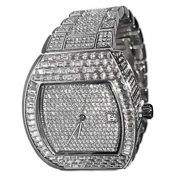 Men's "Million Dollar" Big Hip Hop Watch Baguettes Iced Flooded Out Silver Tone 8"