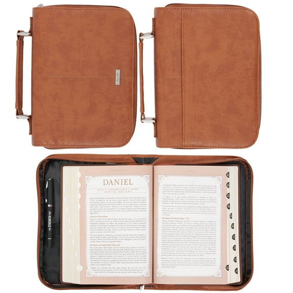 Christian Art Gifts Men or Women's Classic Bible Cover Faith Badge, Brown Faux Leather, XL