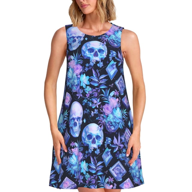 Balery Skull blue crystal flower Vestidos de verano para mujer con estampado: vestido holgado sin mangas, vestido playero informal y cómodo para días calurosos.