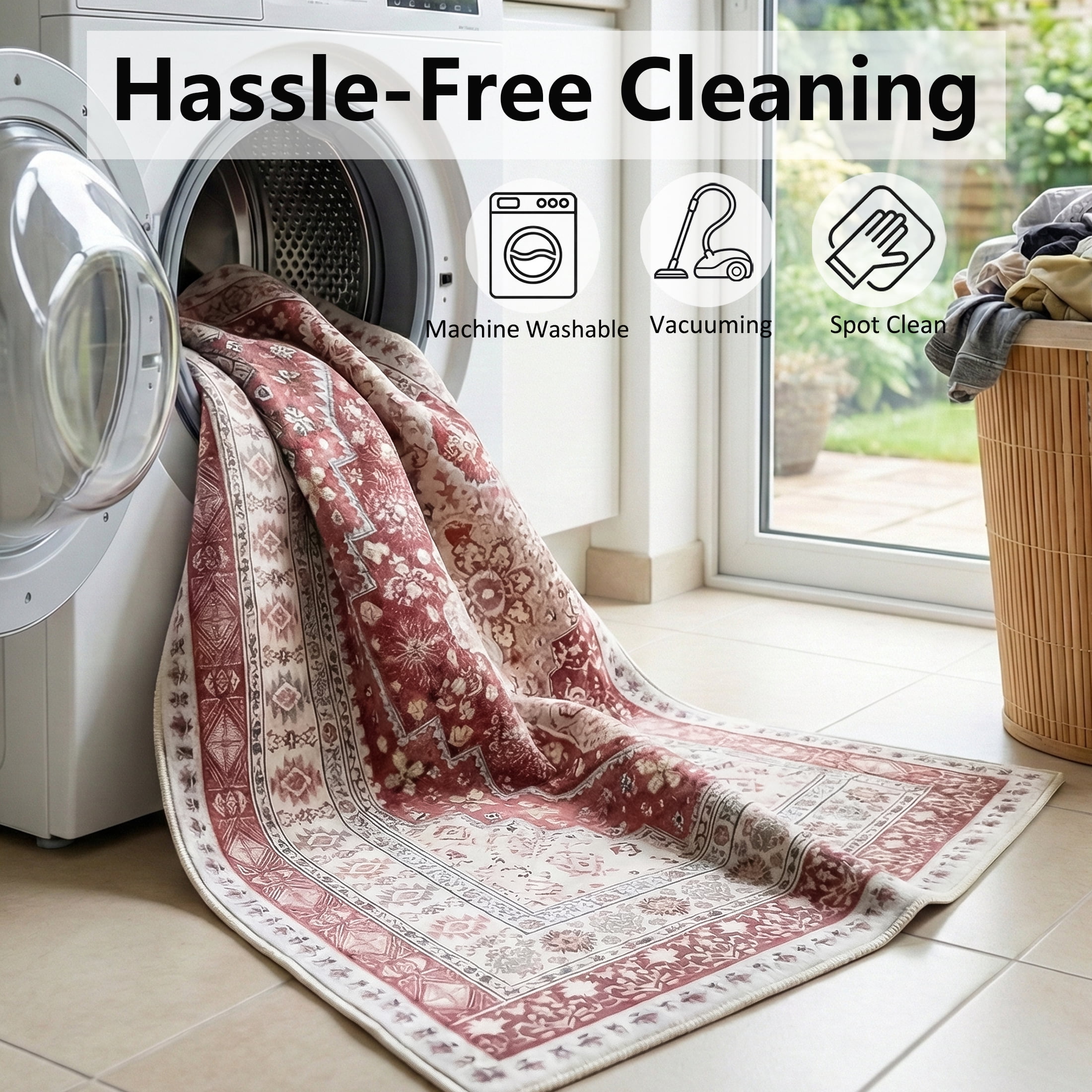ARJINCUTE Vintage Distressed Bohemian Red Area Rug 3' x 5' Non-Slip Washable Low Pile for Living Room Bedroom Entryway Laundry Room