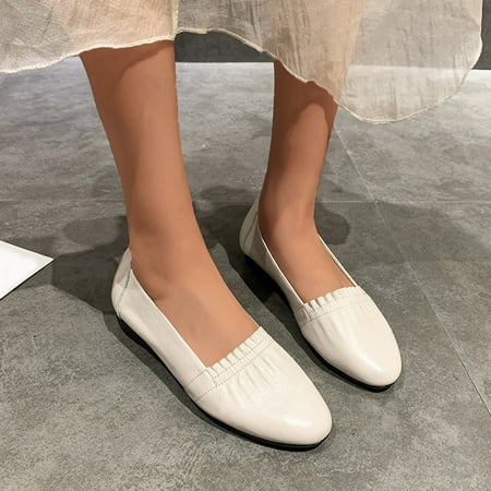 

ERTUTUYI Ladies Fashion Solid Color Leather Folds Shallow Soft Sole Flat Casual Shoes Beige 38