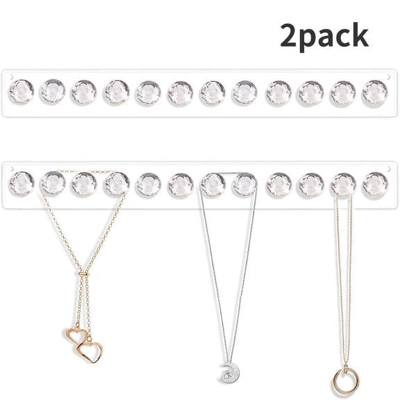 Necklace Holder, Acrylic Necklace Hanger, Wall Mount Necklace Organizer, Jewelry Hooks for Necklaces, Bracelets, Chains (2-pack Clear)