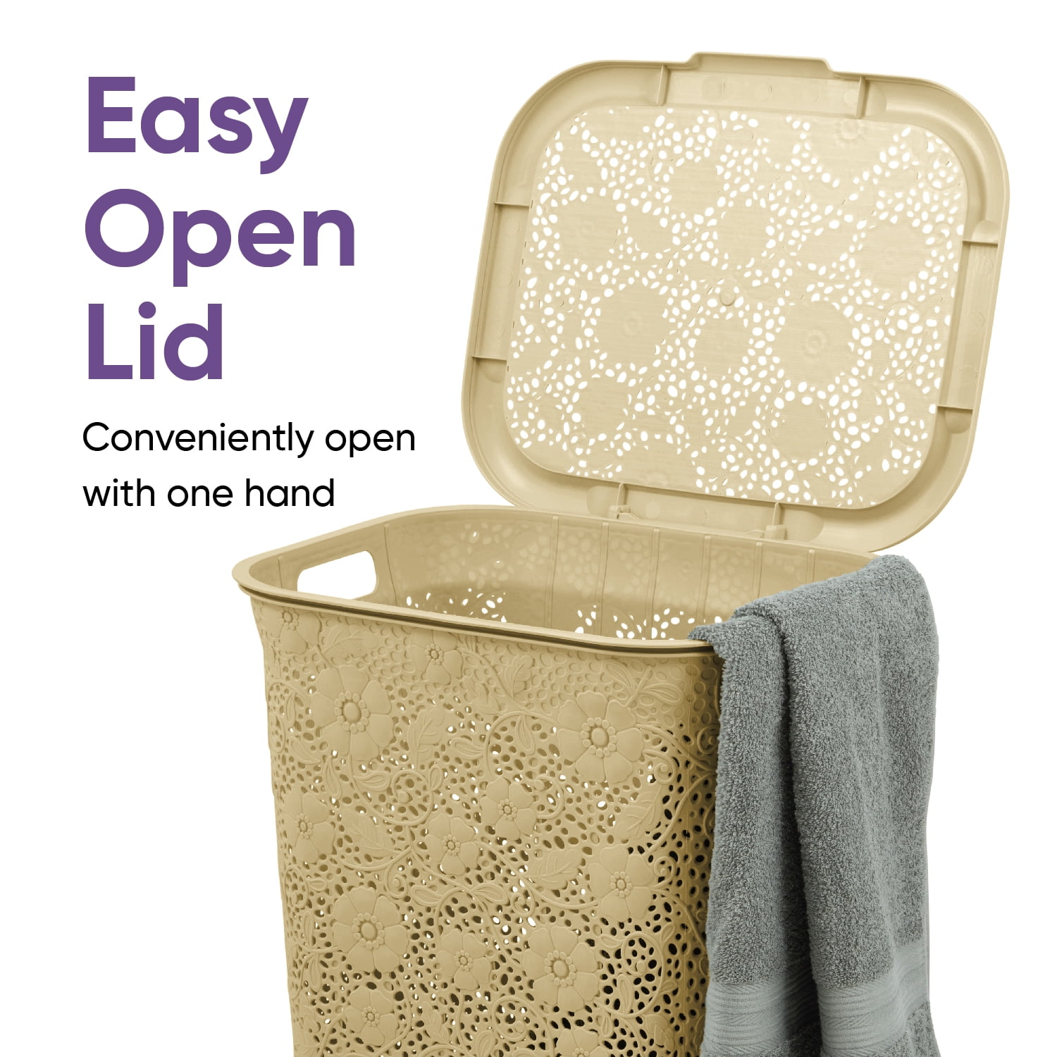 Superio 50L Large Lace Plastic Laundry Hamper with Lid - Beige (2 Pack)