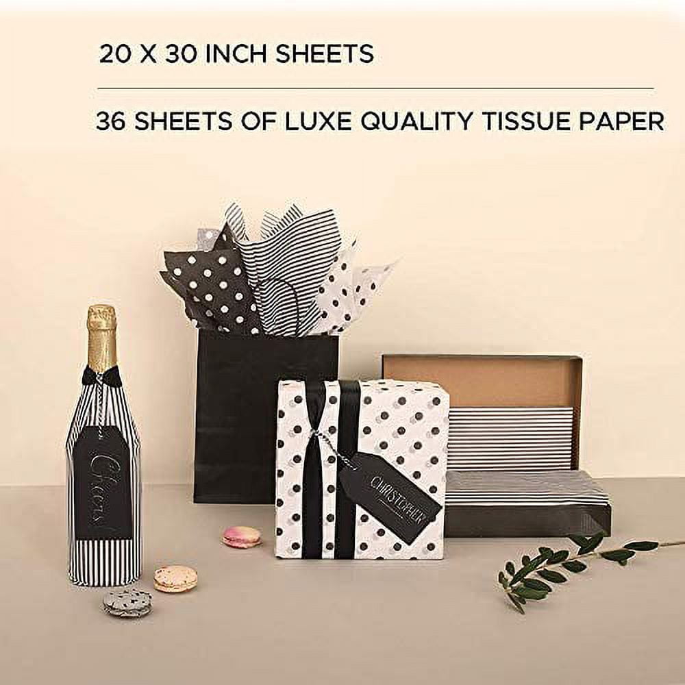 BonBon Paper Black and White Tissue Paper | 36 Sheets of Premium Tissue Paper for Gift Wrapping and Gift Bags | Assorted Black and White Bundle with Polka Dots and Stripes | Size 20?x30?