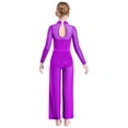 thumbnail image 4 of TSSOE Kids Girls Metallic Mesh Patchwork Wide-leg Jumpsuit Mock Neck Long Sleeve Keyhole Back Full Body Ballet Leotard Purple 10, 4 of 7