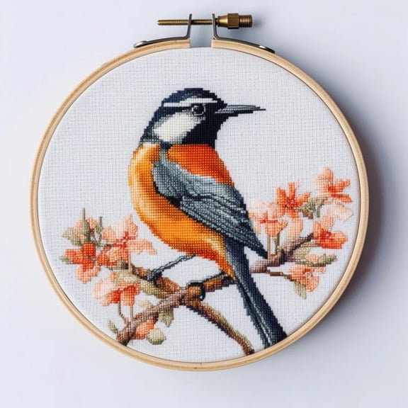 Counted Easy Cross Stitch Kits Oriole Bird Color Stamped Embroidery for Starter Kits DIY 11CT Stamped Patterns Embroidery Needlework Kit Supplies 12 Inch Hoop Included(105-A)
