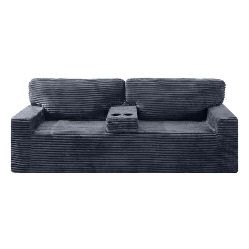 Compression Corduroy Floor Sofa No-Leg Couch, Loveseat with Built-in Cup Holders and Side Storage Pocket