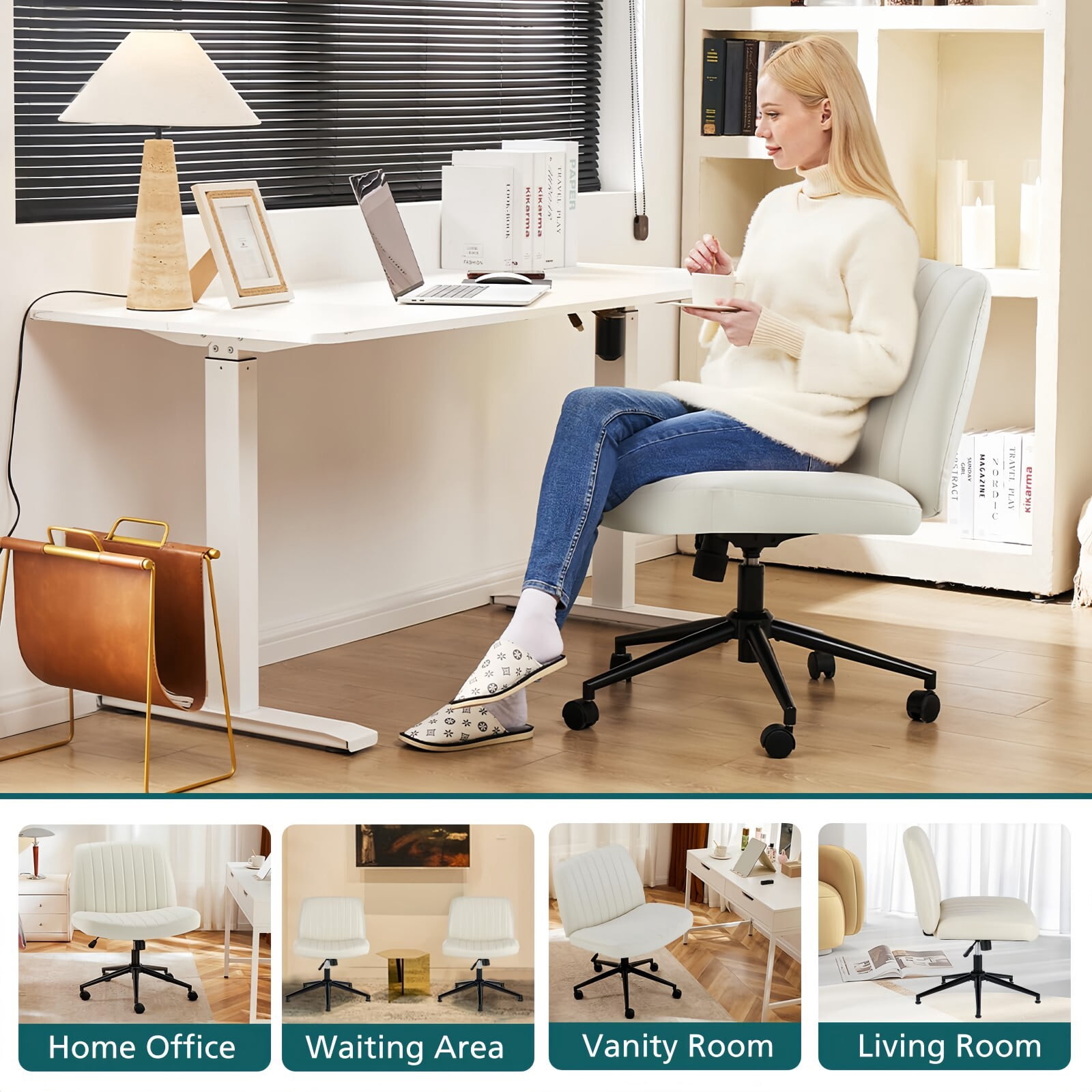 Kelno Armless Criss Cross Office Chair with Wheels 300lb Capacity Wide Seat Cross Legged Desk Chair Height Adjustable Swivel Vanity Chair, Beige PU