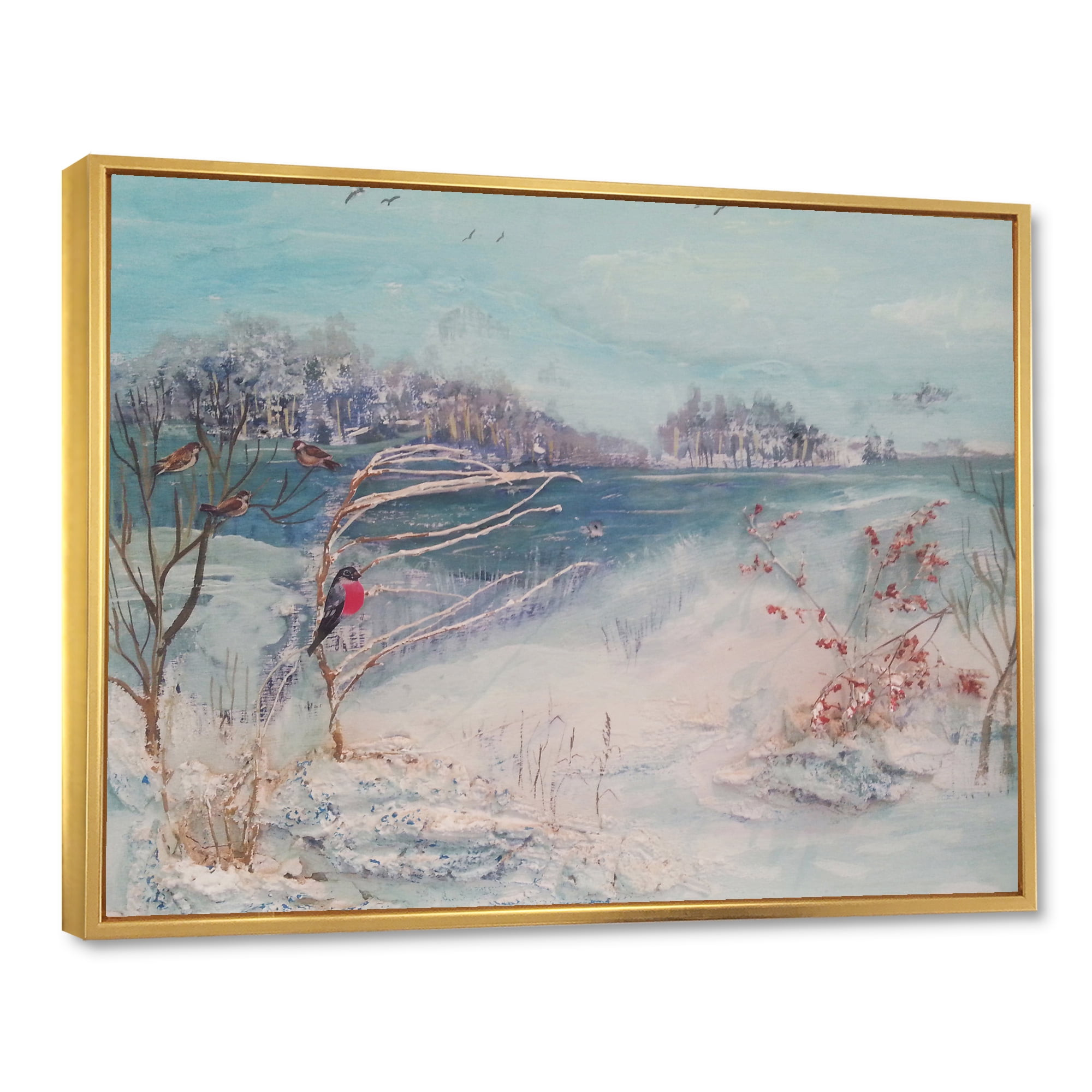 Designart 'Birds and Winter Trees By River' Lake House Framed Canvas Wall Art Print