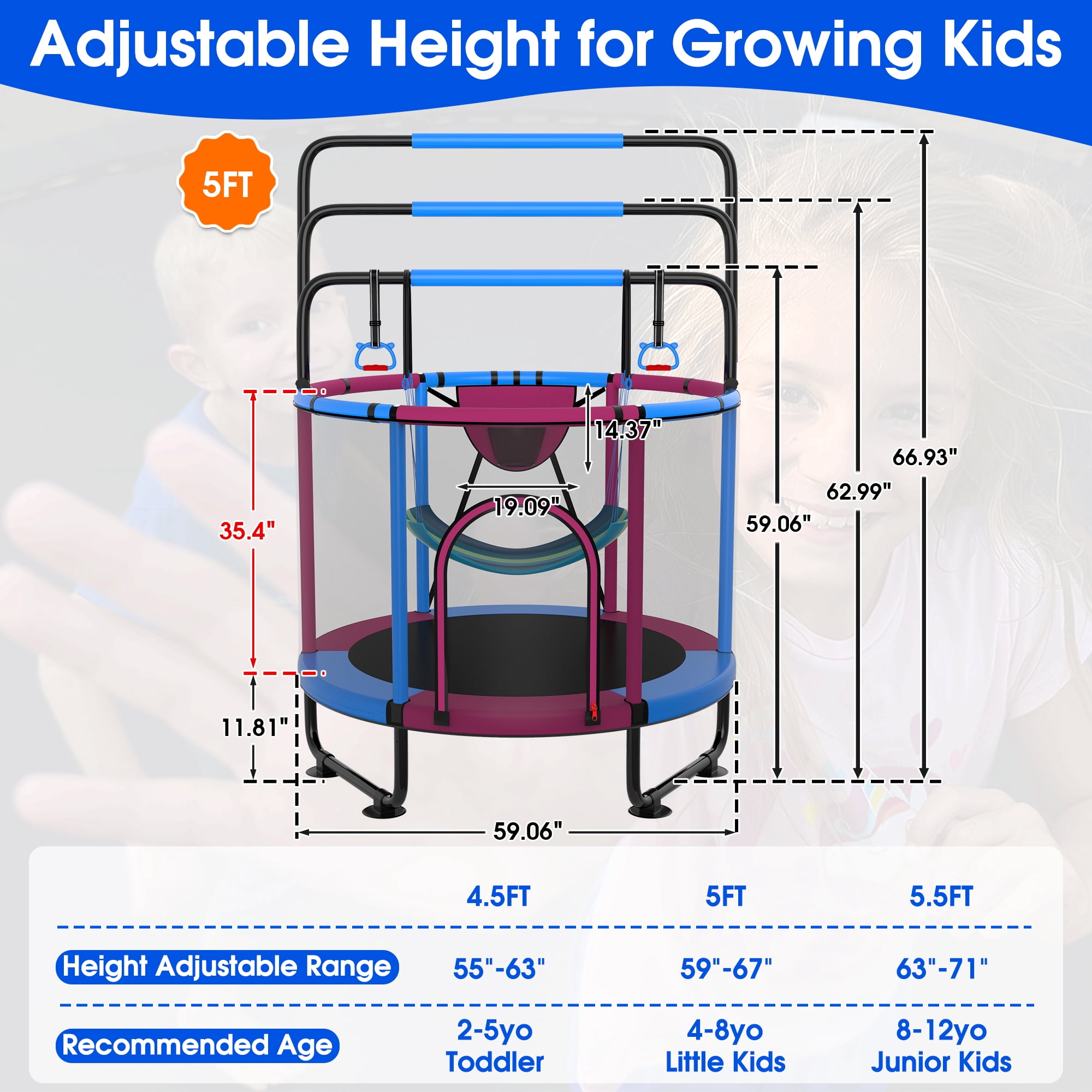 Cochan Trampoline for Kids 5FT 600LBS Toddler Trampoline with Enclosure Net and Handlebar, Mini Small Kids Trampoline for Age 1-6, Birthday Gift for Kids