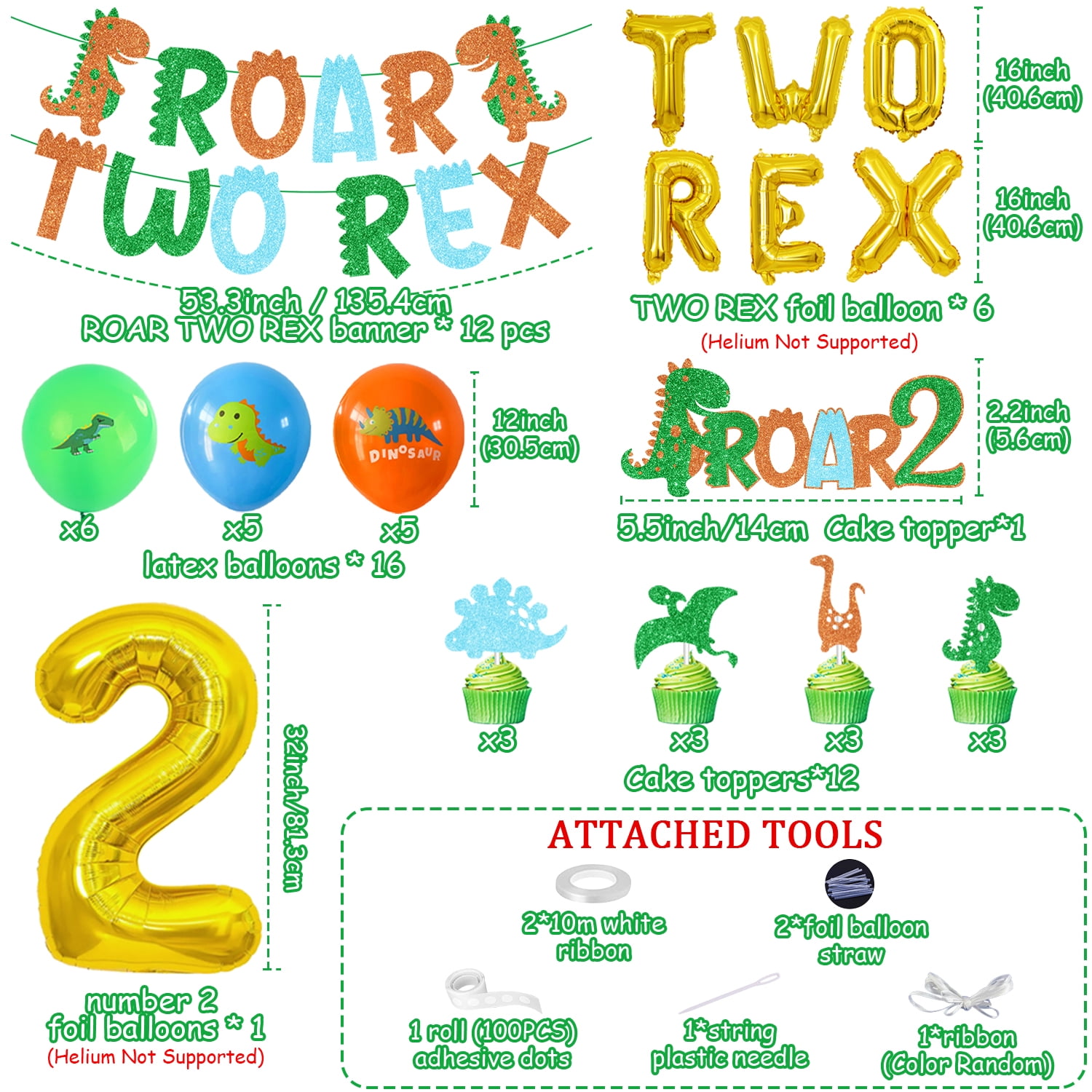 Dinosaur 2nd Birthday Party Decorations for Boys and Girls, Green Dinosaur with ROAR TWO REX Banner and Dinosaur Latex Foil Balloons Cake Toppers for 2 Years Old Boys Girls Birthday Party Supplies