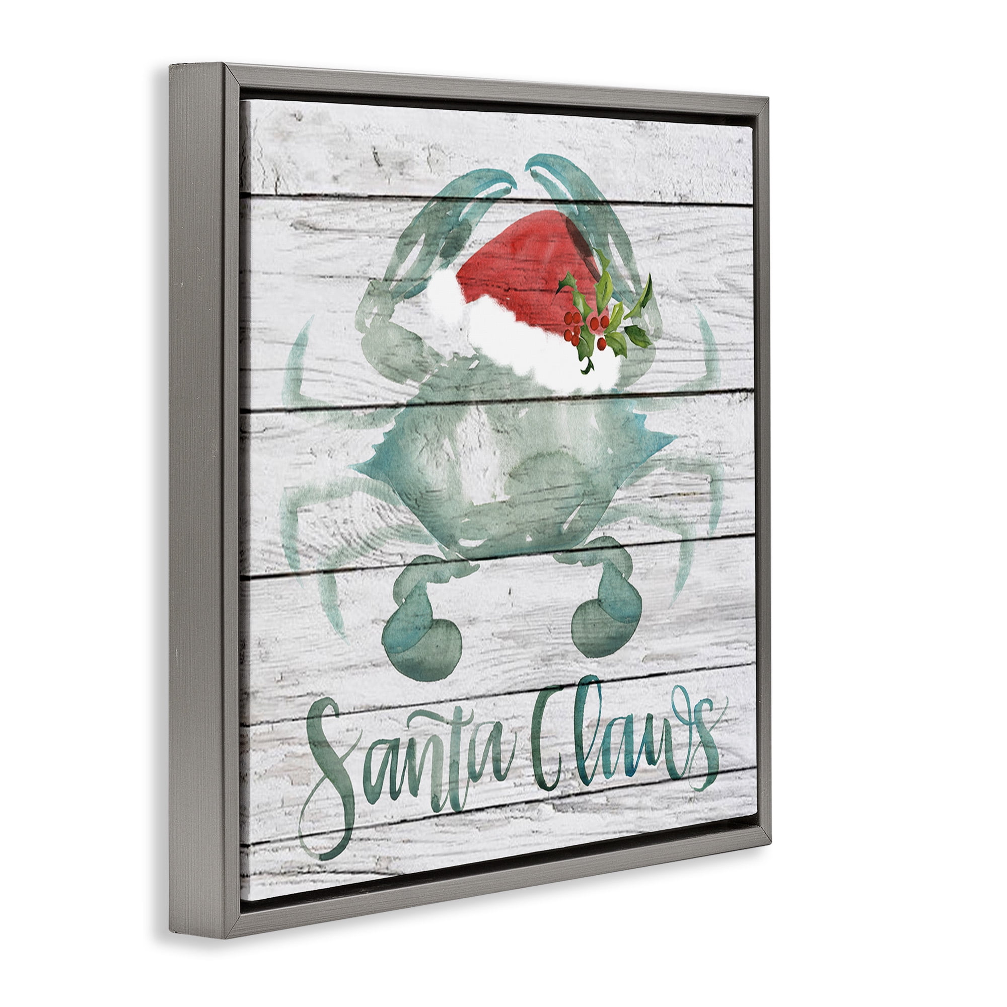 Stupell Industries Blue Crab Nautical Christmas Pun Nature Painting Gray Floater Framed Canvas Art Print Wall Art, 25 x 25