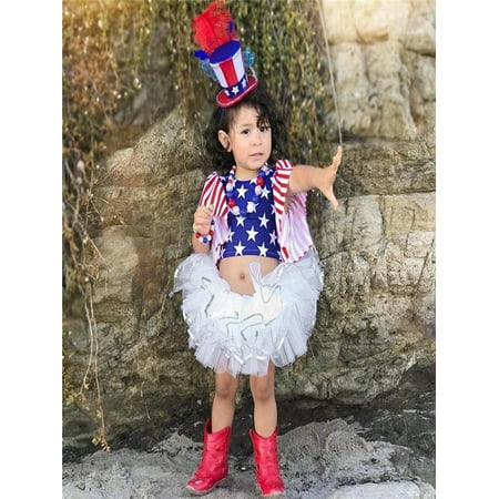 Toddler Baby Kids Girls 4th Of July Striped Stars Tops Tutu Skirt Outfits Set