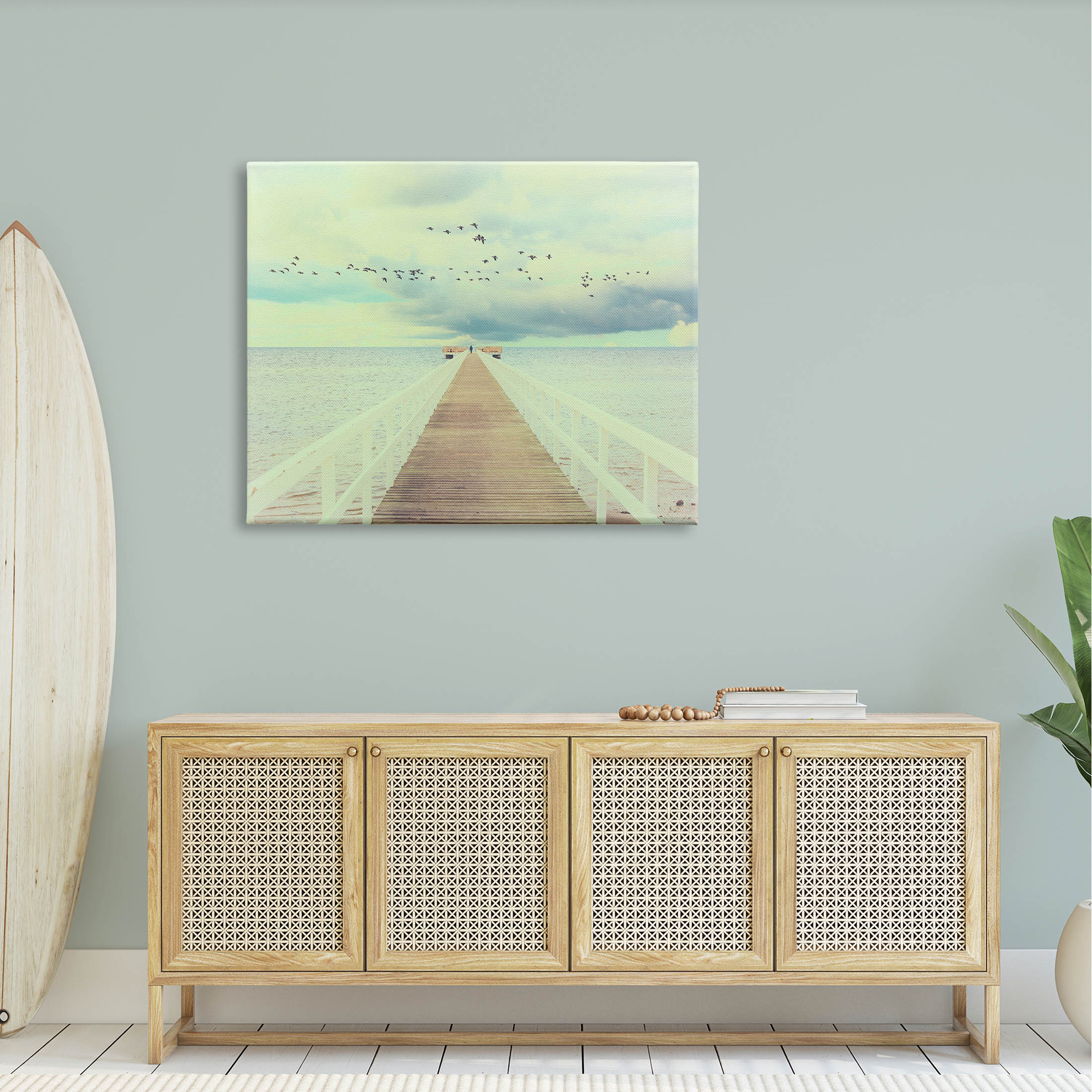 Distant Dock Peaceful Coast Shore Coastal Photograph Gallery Wrapped Canvas Print Wall Art