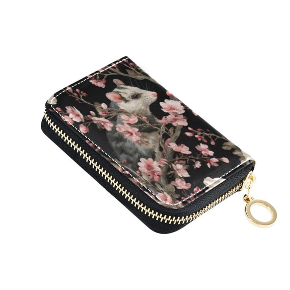 PU Leather Zipper Card Case Wallet Credit Card Holder with 9 Card Slots 4.7" x 3.1" Watercolor Opossum Pattern