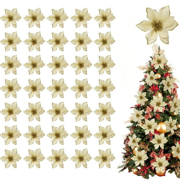 36pcs Poinsettia Christmas Decorations, Christmas Tree Flowers, Christmas Flowers Artificial for Decoration, Gold Poinsettia Flowers for Christmas Tree Decorations