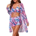 thumbnail image 4 of INSPIRE CHIC Women's Strappy Floral Printed Ruched Bikini Sets, 3 Pieces Long Sleeve Robe Cover Up BoyShorts Bottom Swimwear Blue Pink Medium, 4 of 6
