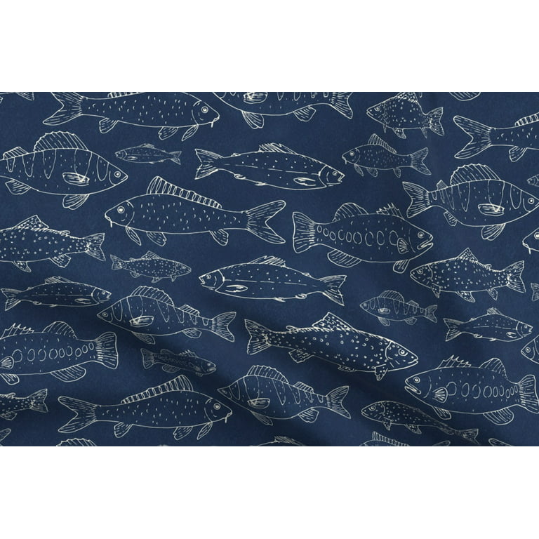 Spoonflower Fabric - Fish Bass Carp Trout Salmon Navy Lake Fishing Camping  Printed on Linen Cotton Canvas Fabric by the Yard - Sewing Home Decor Table  Linens Apparel Bags 