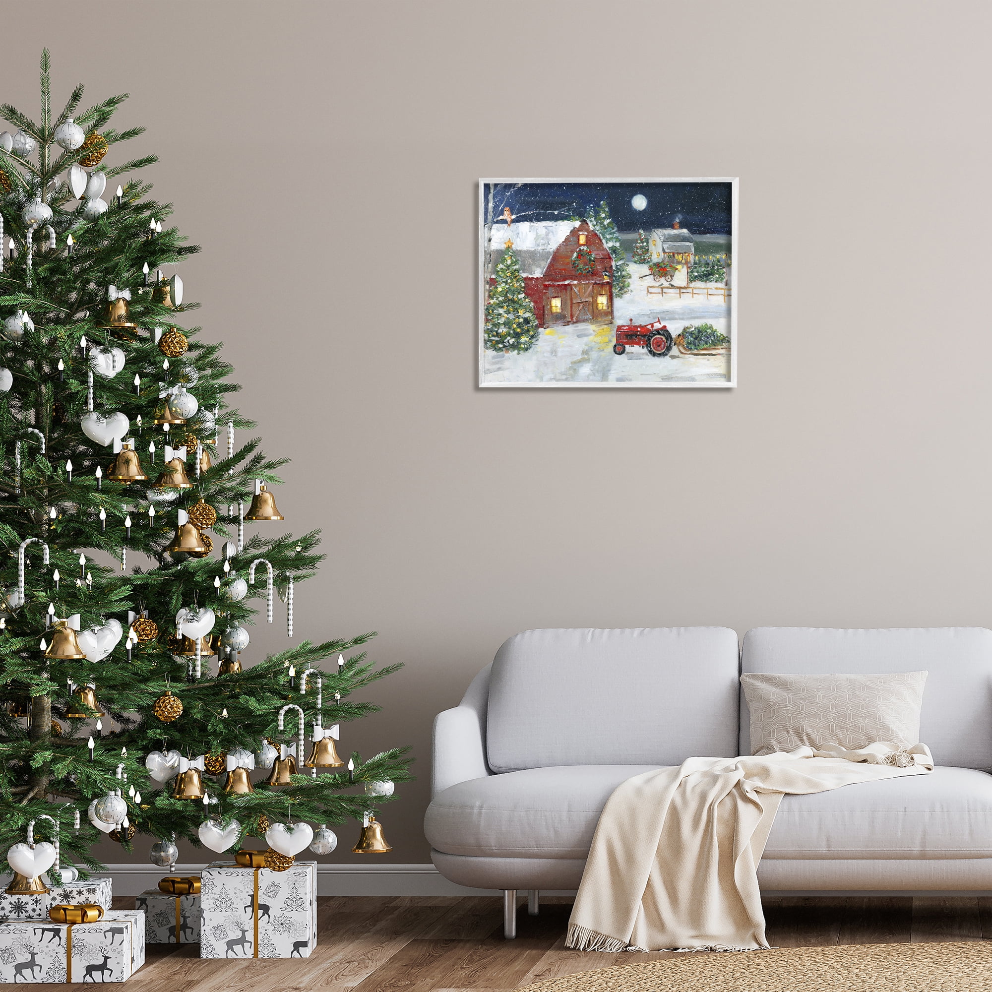 Stupell Industries Snowy Farm & Tractor Holiday Painting White Framed Art Prints Wall Art, 30 x 24