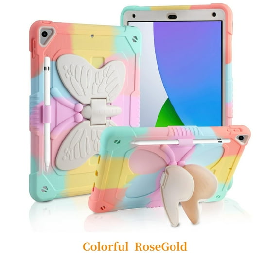 for iPad 9th 8th 7th Gen Case with Kickstand Butterfly Wings Pencil Holder, iPad 10.2 Case Heavy Duty Hard Rugged Protective Cover Kids Girls for iPad 9th/8th/7th Gen (2021 / 2020 / 2019)(Pink)
