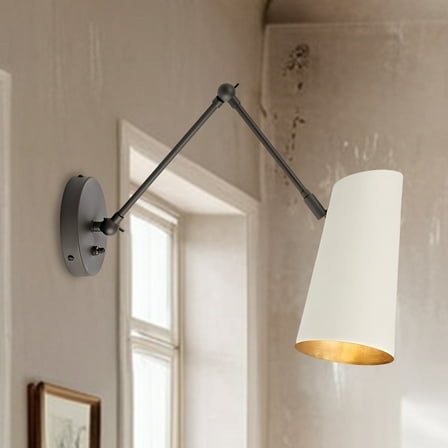 Minimalist Matte Black Bending Pole Single Wall-Mounted Sconce with Ivory Metal Shade, Hand-polished Wall Light, Unique Elegant Wall lamp, Indoor Sconce for Living Room, Bedroom, Entryway