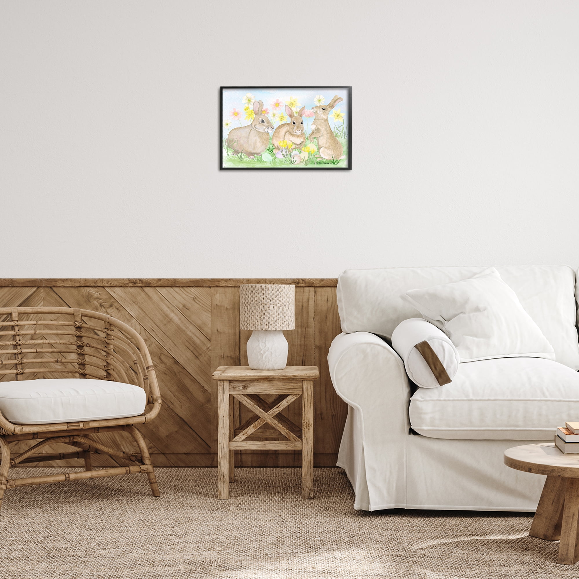 Three Bunnies In The Grass Black Framed Giclee Art, design by Lee Ann Sanders