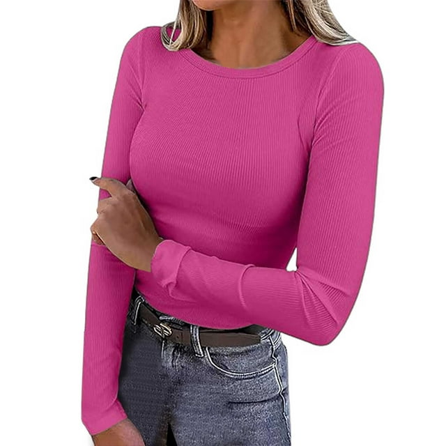 Womens Long Sleeve Ribbed Crewneck T-Shirt - Fitted Stretch Basic Top, Versatile Casual Shirt for All Seasons