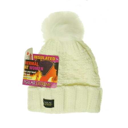 Polar Bear Beanie - Polar Extreme Women's Thermal Fleece Lined Insulated Pom Pom Cuffed Beanie Ivory