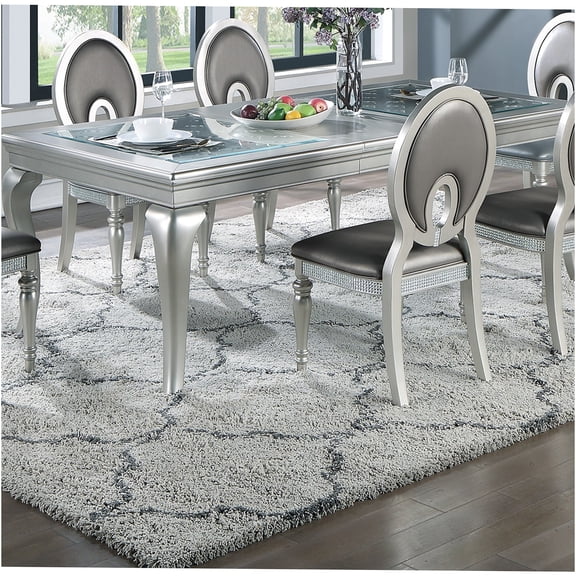 JERFIT Traditional Silver Champagne Rectangular Dining Table with Glass Insert, MDF and Solid Wood for 6 Seats