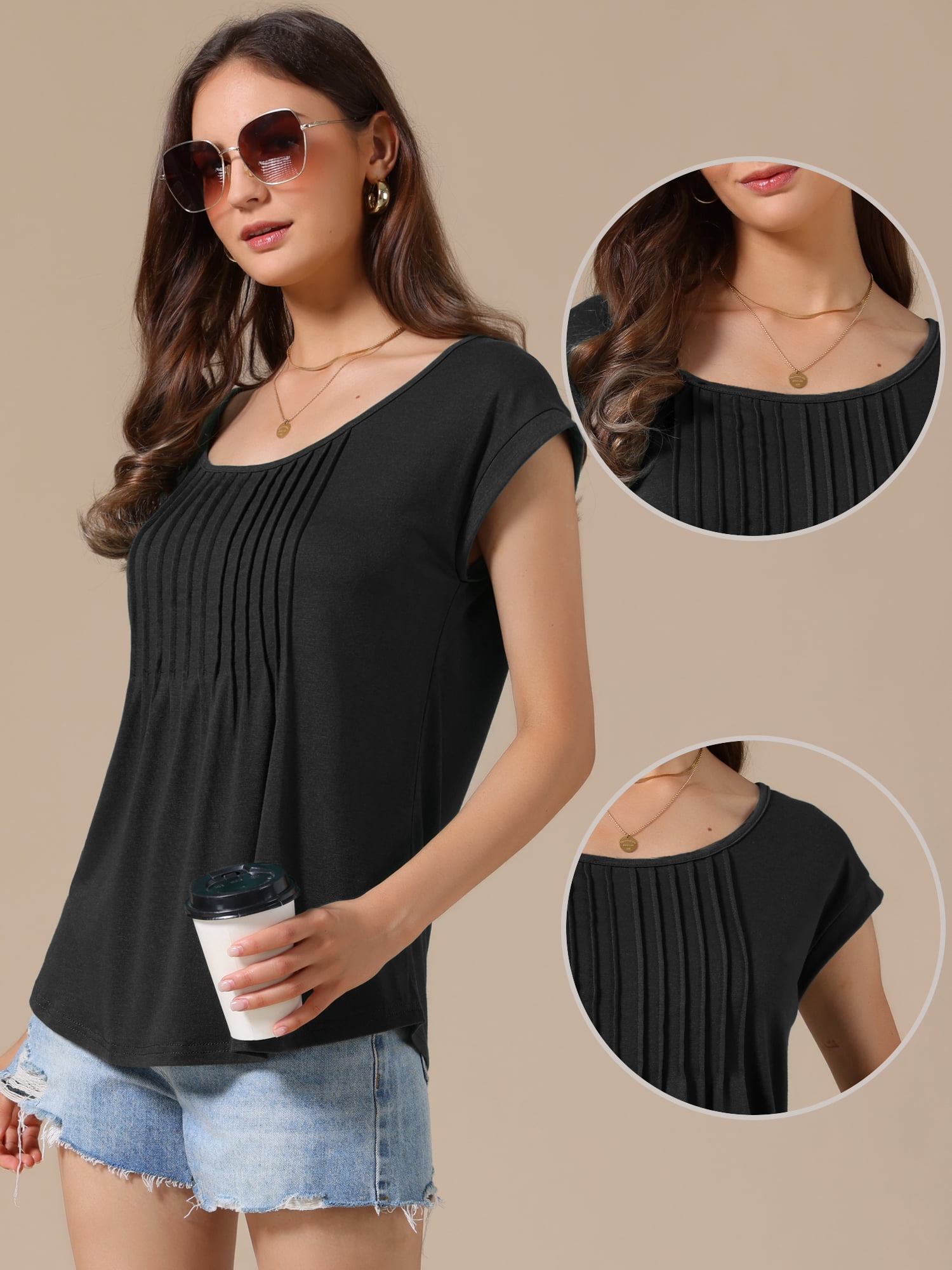 DARING DIVA Women's Cap Sleeve Pleated Round Neck Flowy Casual Blouses S Black