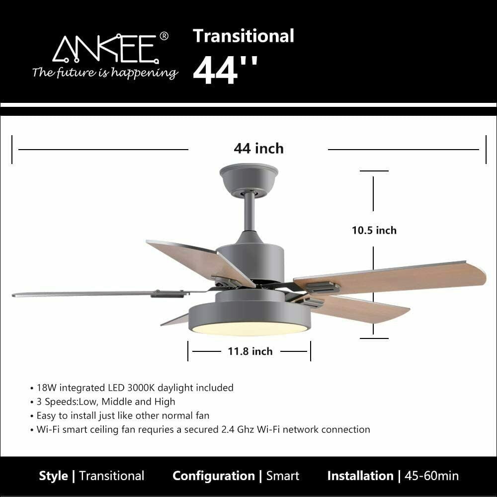 Simplux Ceiling Fans 44'' Wifi Smart Ceiling Fan LED Frost Light Remote Control 