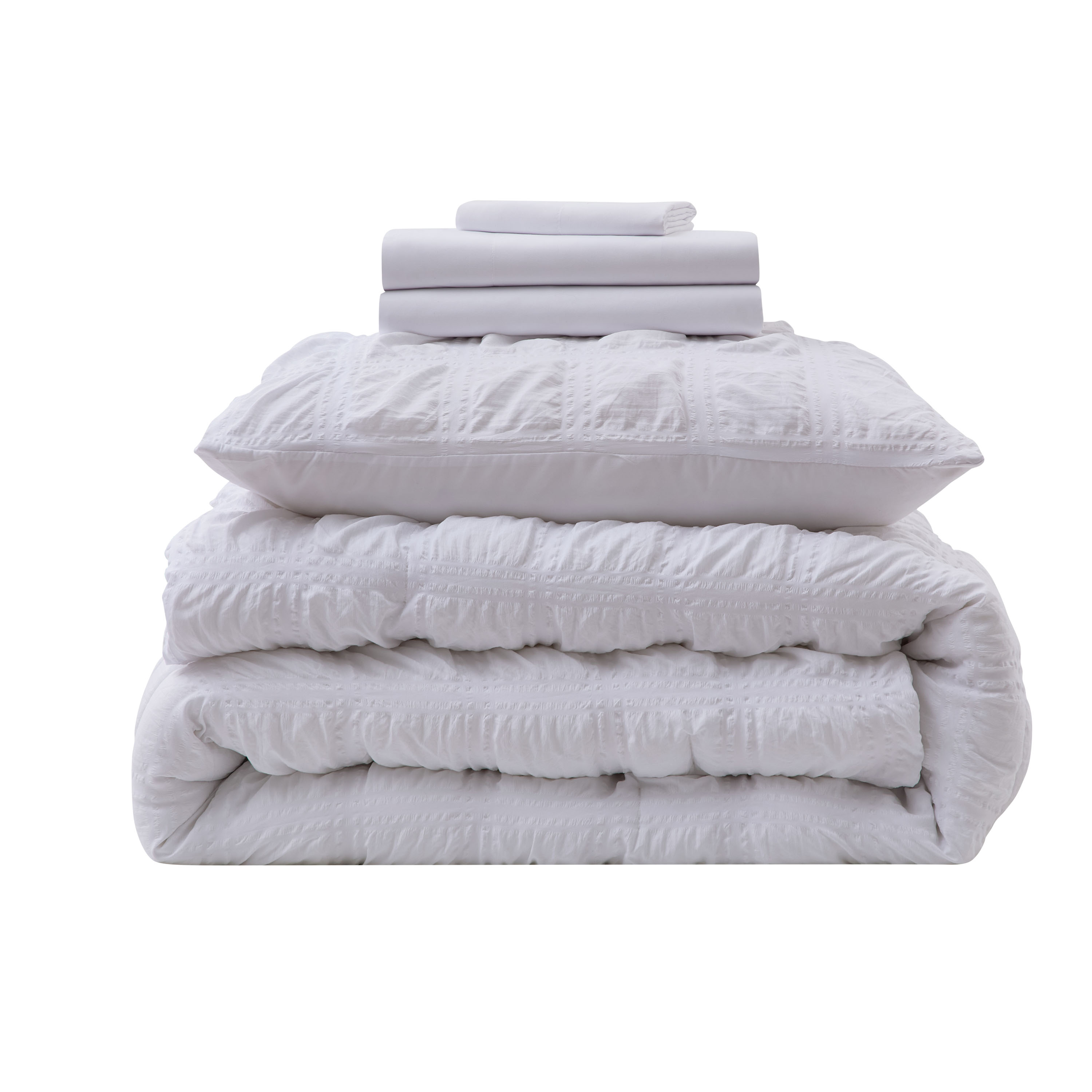 LammaLoe Twin Comforter Sets, 7 Piece Seersucker Bed in a Bag, Bedding Comforter Set with Sheets, Modern Bed Set, White