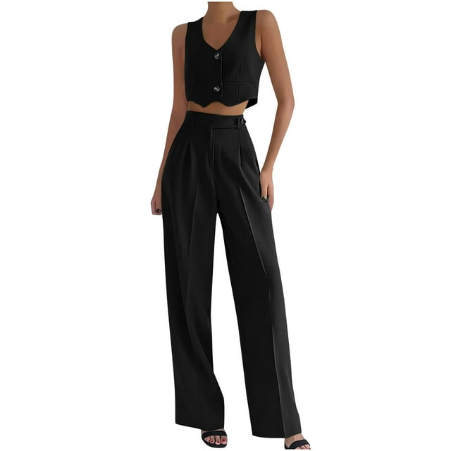Tumotour Summer 2 Piece Outfits For Women V Neck Sleeveless Button Down Waistcoat And Wide Leg Pants Set With Pockets