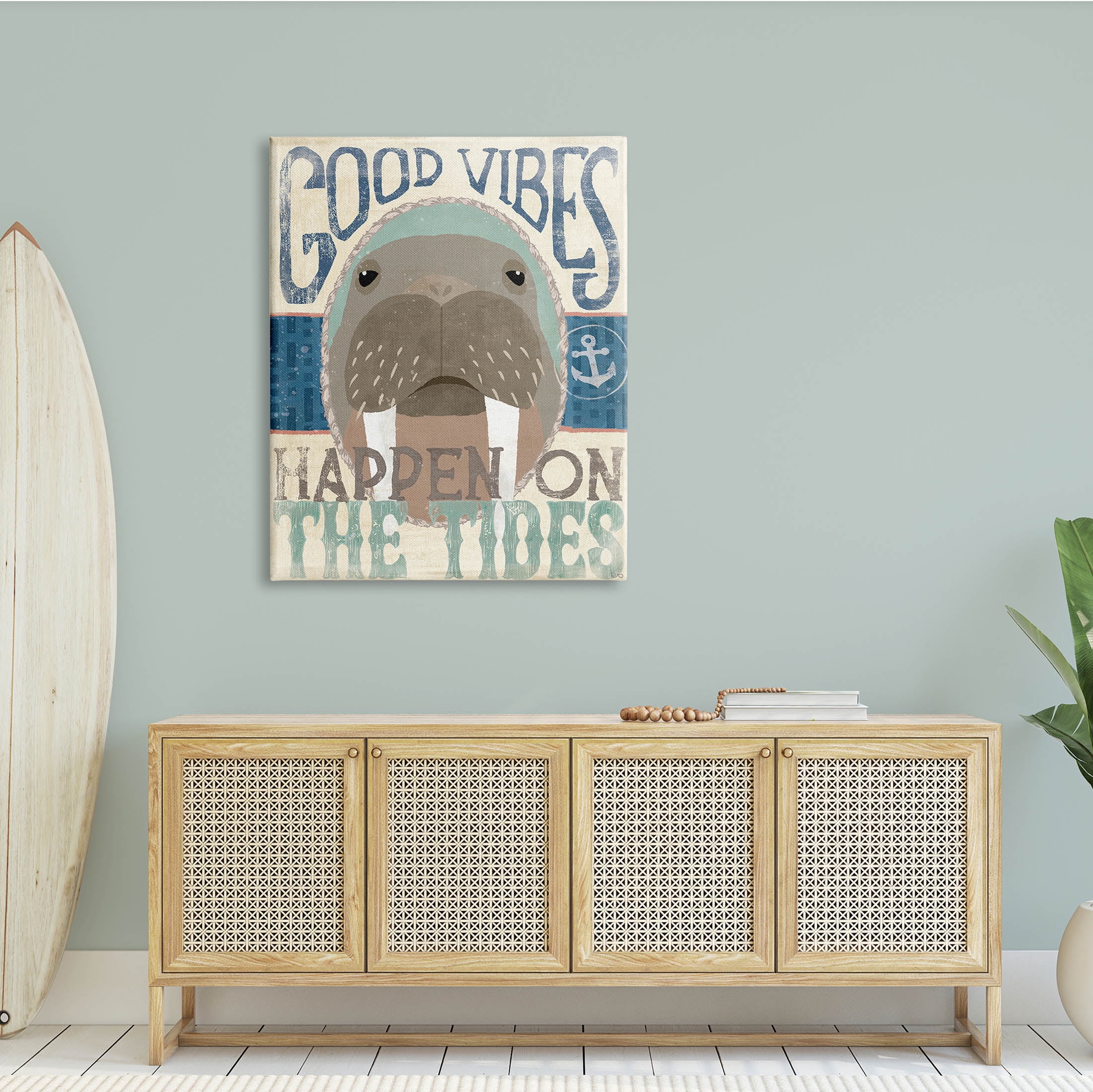 Stupell Industries Good Vibes Happen On Tides Nautical Phrase Walrus, 36 x 48, Design by Veronique Charron