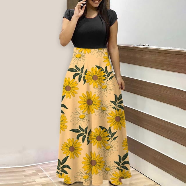 SMihono Robe Maxi Bohème d'Été pour Femmes Grande Taille Robe d'Été Unie Colorée Manches Courtes Robes de Plage Décontractées Maxi Robe de Plage