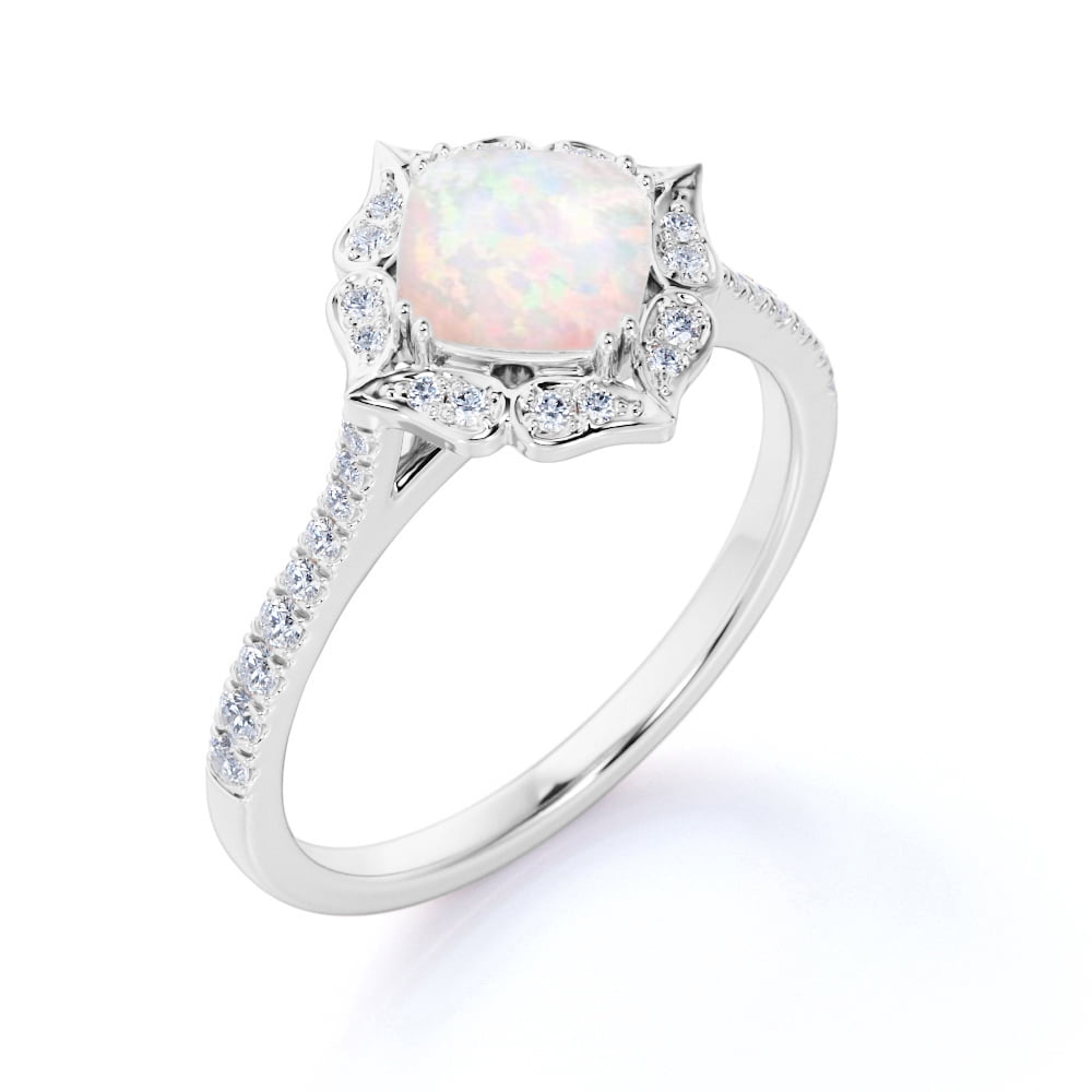 JeenMata Real 1.50 ct Princess Cut Blue Opal and Moissanite Engagement Ring in 18k White Gold over Silver