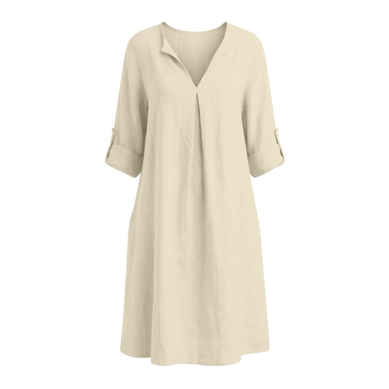 cotton fitted dresses for women Ayolanni V-Neck Dresses for Women 2026 Solid Fitted Waist Short Sleeve Midi Shirt Dress Flowy Work Cotton Linen Button Up Casual Sundress with Pockets