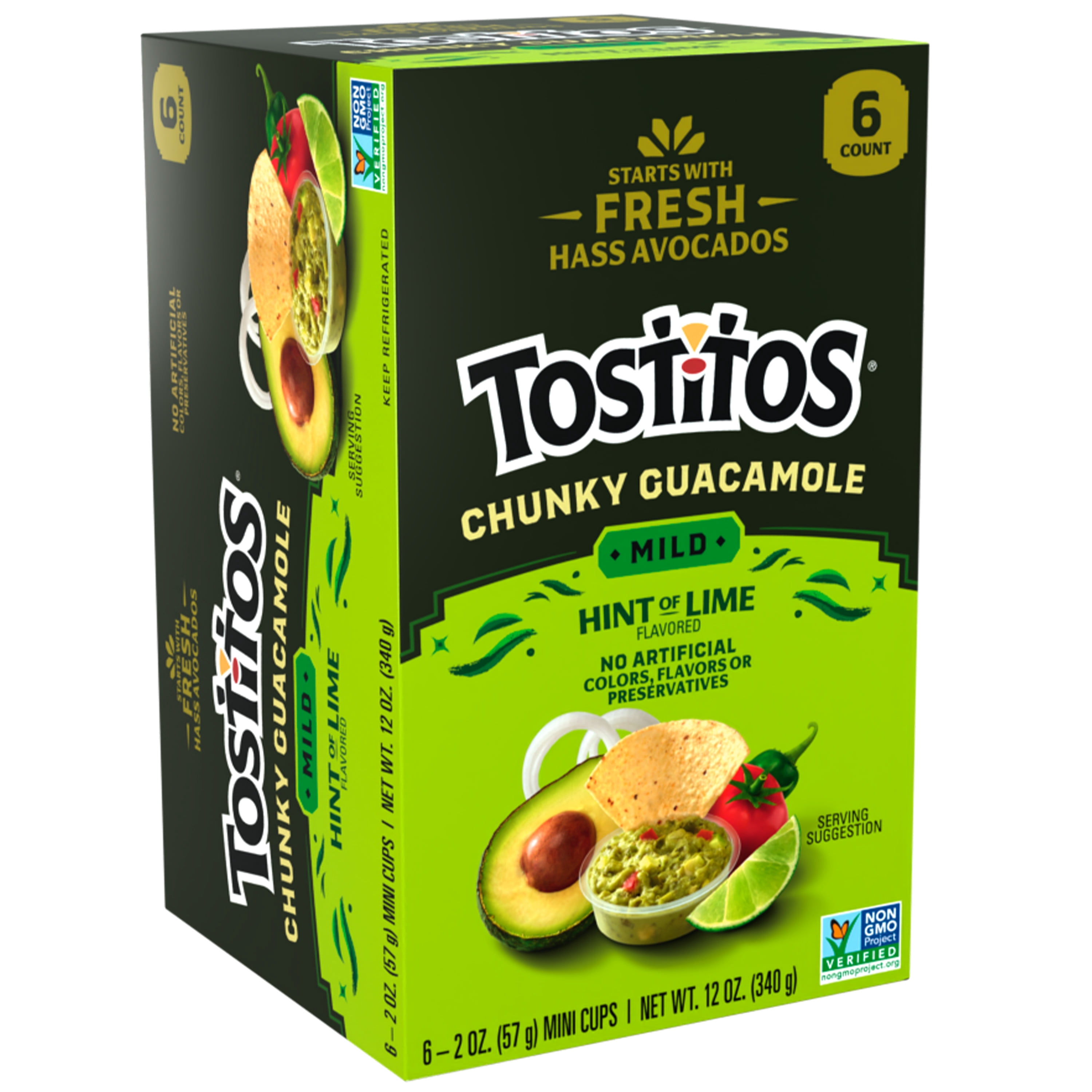 Tostitos Chunky Guacamole, Mild Hint of Lime, 2 oz Mini Cups, 6 Pack