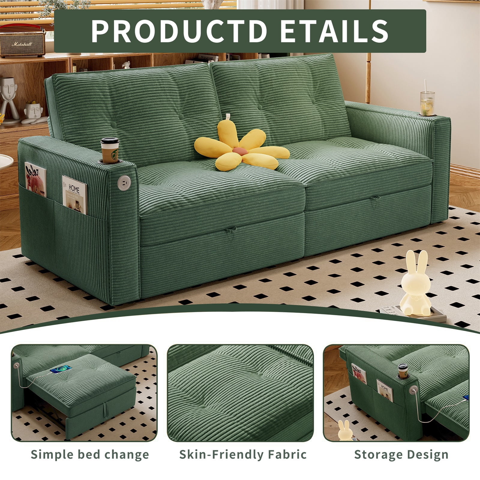 Hommoo 70" Convertible 2-in-1 Pull Out Couch Bed, Multi-Functional Corduroy Loveseat Sleeper Sofa Bed, Green
