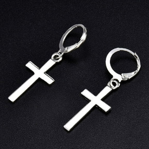 Unisex All ages Silver PlatedHoop Cross Drop Earrings