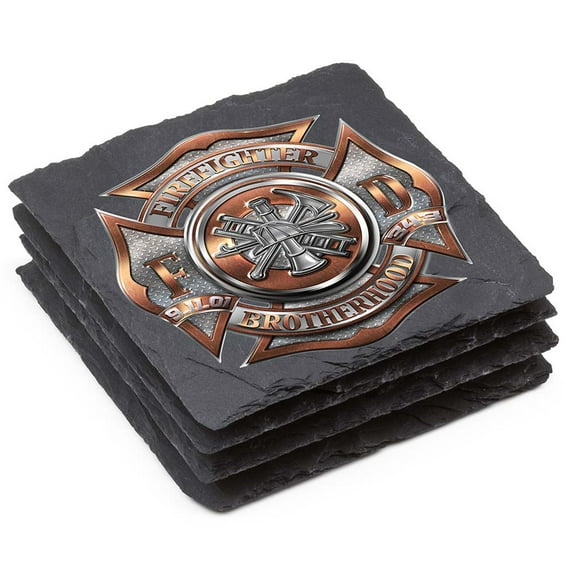 Erazor Bits FF2109-SC4BX Firefighter Natural Stone Coaster - Polished Brass Diamond Gift Box, Ivory - Set of 4