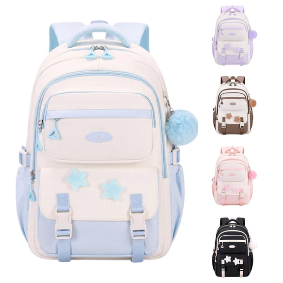 CUZIBR Kids Backpack School Bag Large Capacity Cute Star Pattern School Backpack Multi Pockets Water Resistant Bookbag Adjustable Padded Straps Rucksack For Teen Girls