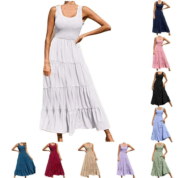 Zpanxa Women's Sleeveless Round Neck Boho Dress Solid Color Flowy Casual Summer Maxi Dress