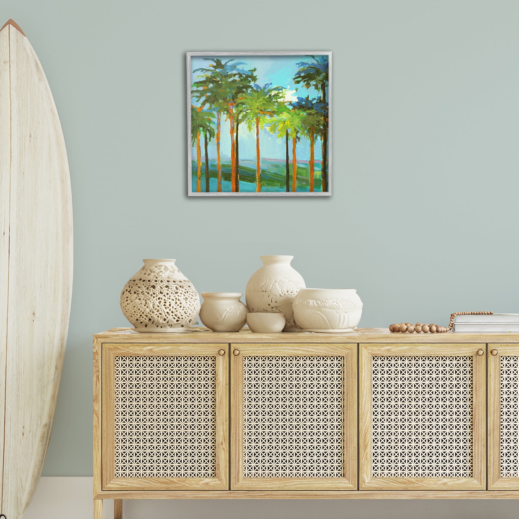 Stupell Industries Tall Palms Abstraction Coastal Painting Gray Framed Art Print Wall Art, 24 x 24