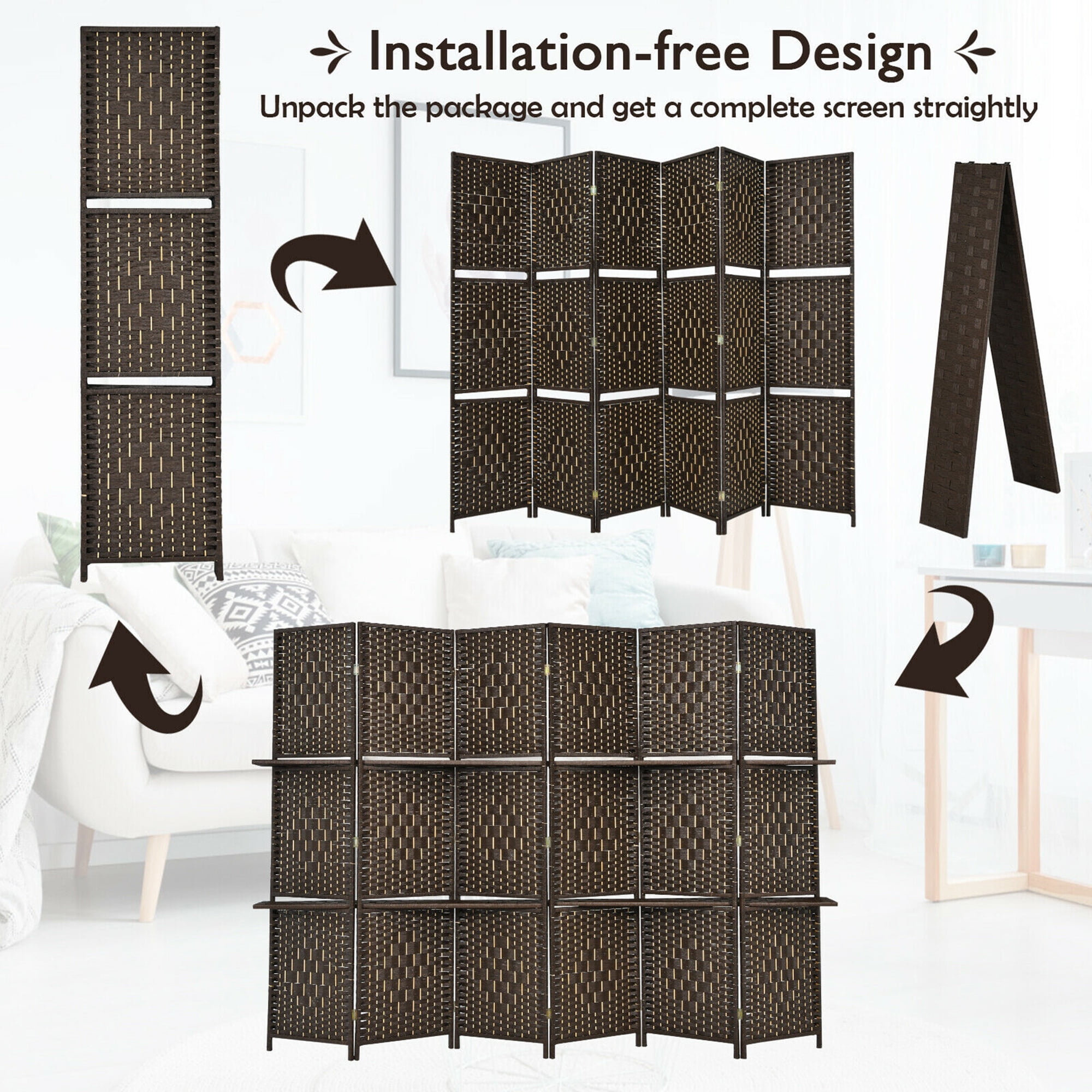 Gymax Brown 6 Panel Folding Room Divider 6Ft Weave Fiber Screen W/ 2 Display Shelves