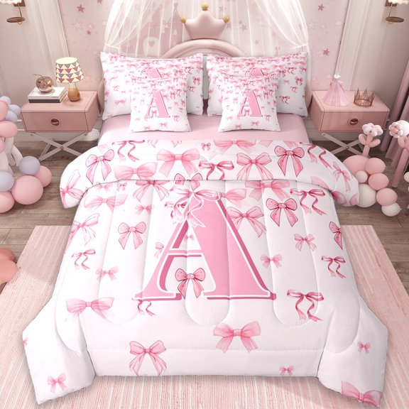 jejeloiu Monogrammed A Twin Bedding Sets 7-Piece,Cute Bowknot Bowtie Bedding Comforter Set,Light Pink Sheet Sets,Microfiber Room Decorative Reversible