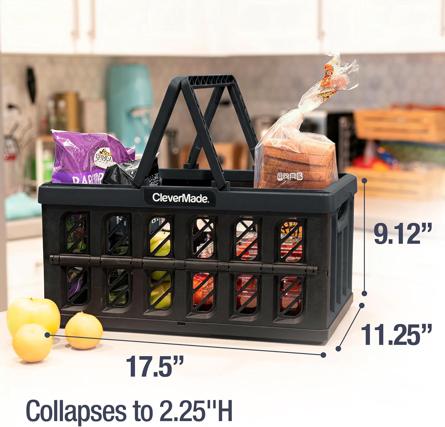 CleverMade 24L Collapsible Shopping Basket with Handles, Obsidian, 3 Pack
