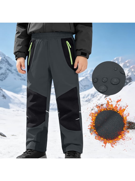 Boys Ski Pants, Fleece-lined Elastic Waist Thermal Waterproof Winter Pants Dark Gray Size 15-16 T