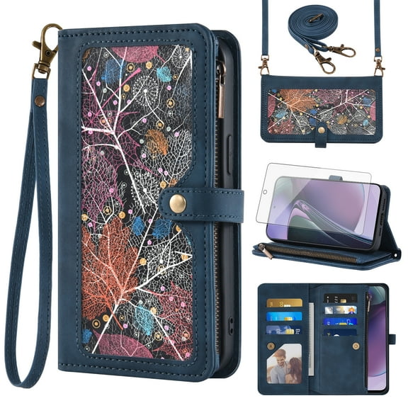 Asuwish Phone Case for Motorola Moto G Stylus 5G 2023 Wallet Cover With Tempered Glass Screen Protector Crossbody Wrist Strap Flip Pattern Zipper Card Holder Cell GStylus G5 XT2317DL XT2315-5 Blue