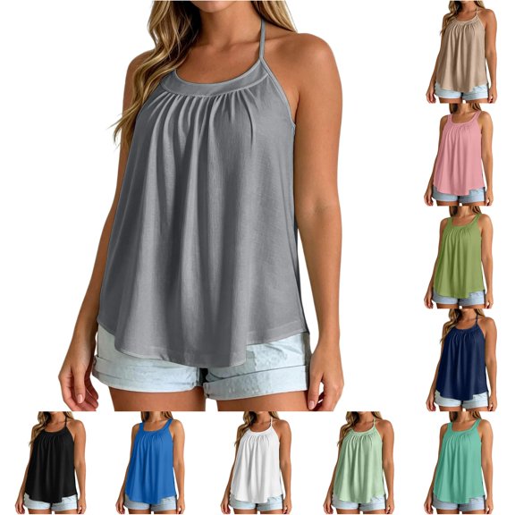 Womens Tank Tops Built in Bra Sleeveless Square Neck Tank Wide Strap Pleated Blouse Flowy Loose Fit Summer Blouse Size L